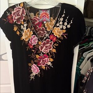 Johnny Was Black Top with Multicolor Floral Embroidery